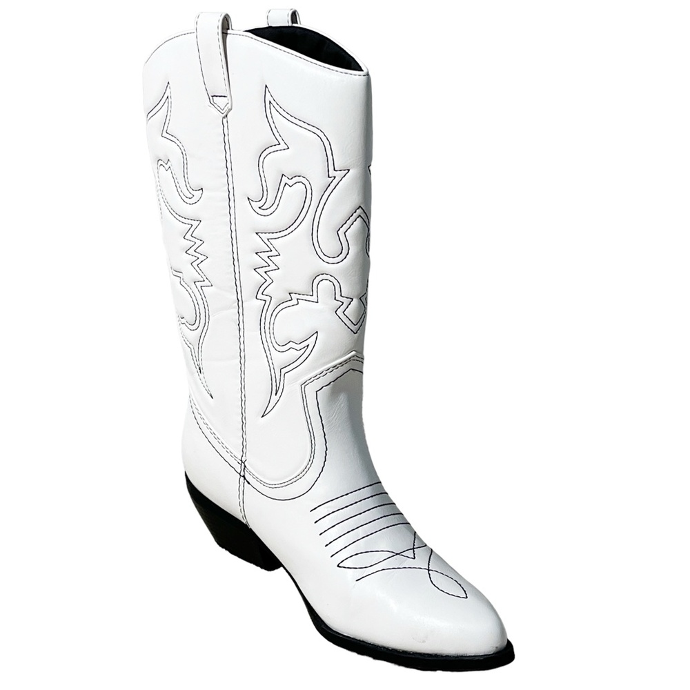 Soda White Black Stitch Cowgirl Pointed Toe Faux Leather Western Boots Size 10
